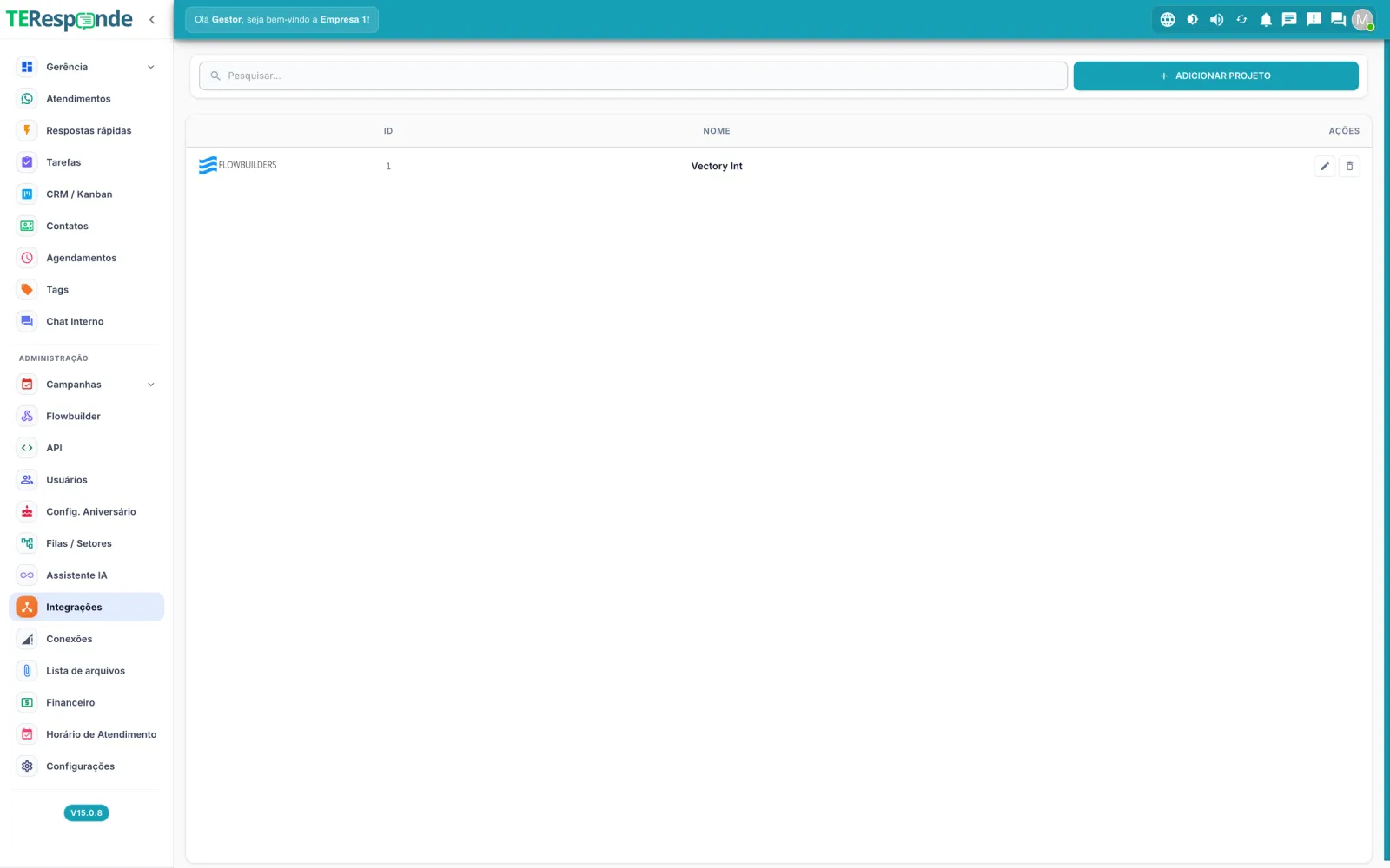 Tela de integrações do TeResponde com o botão Adicionar Projeto e uma tabela listando um projeto FlowBuilders