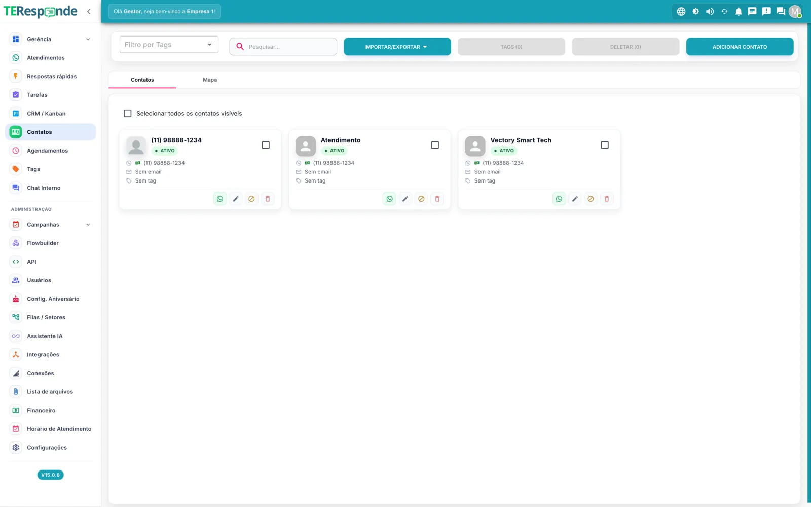 Tela de contatos do TeResponde, com cartões de contato, filtro por tags e botão de importar ou exportar